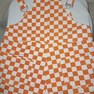 JEAN OVERALLS PANTS CHECKERED PLAID ORANGE WHITE DENIM Meas. Waist 38 Inseam 26